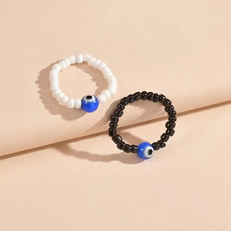 2pc Vintage Evil Eye Beaded Stretch Seed Bead Ring, Unisex